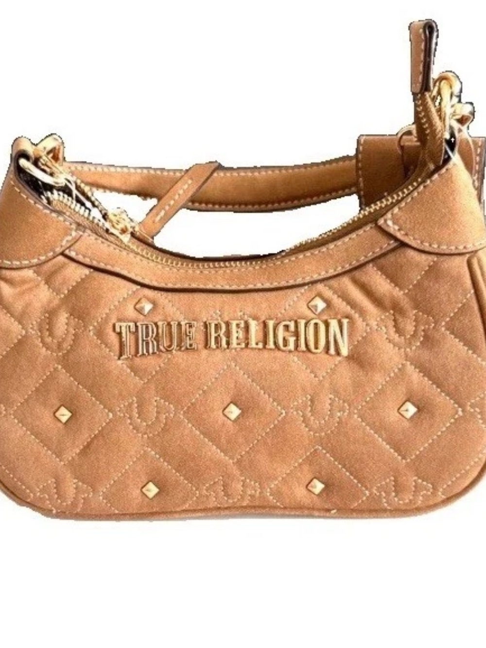 True Religion Women’s Quilted Mini Hobo Bag Tan/camel Studded Shoulder Purse NWT